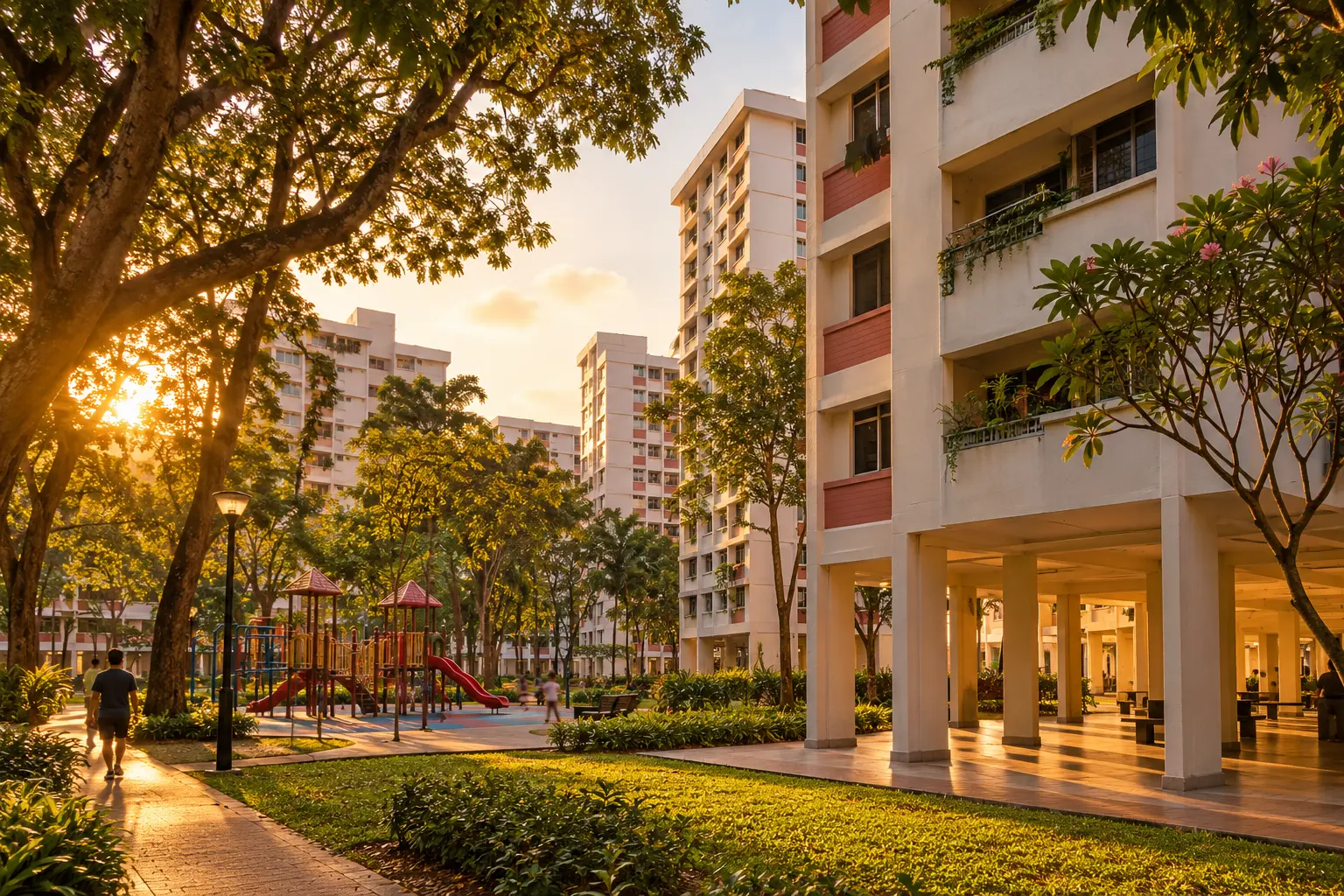 HDB blocks and a children's playground in a leafy Singapore housing estate at sunset