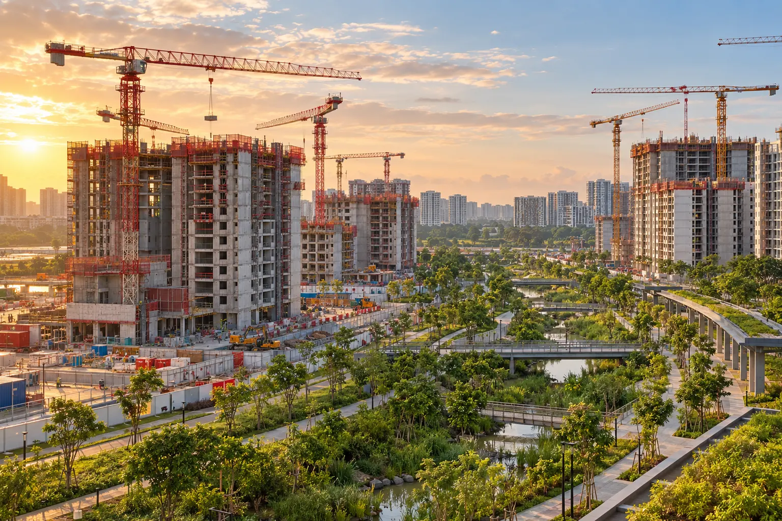 New HDB blocks under construction with tower cranes next to a park and waterway at sunrise