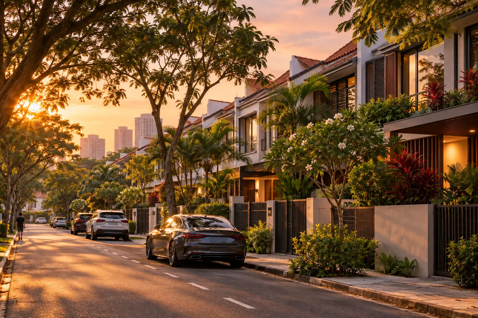 A tree-lined street of landed terrace houses at sunset, with tower blocks in the distance