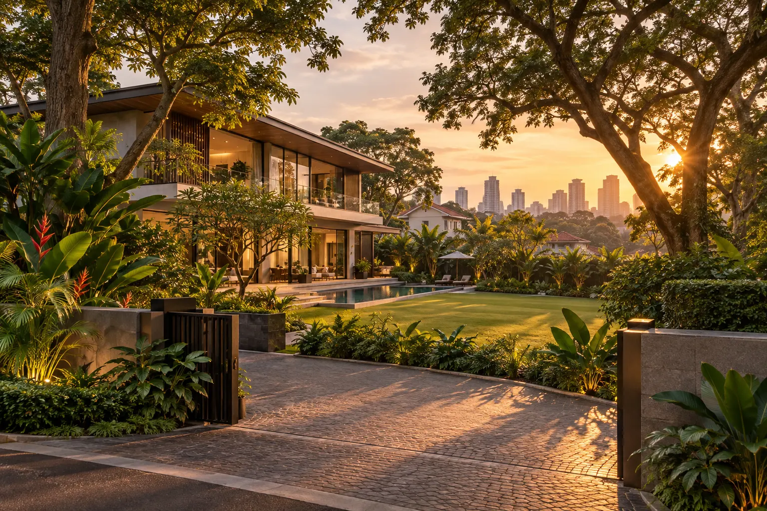 A modern bungalow with a pool and lawn behind a gated driveway at sunset, with city towers in the distance