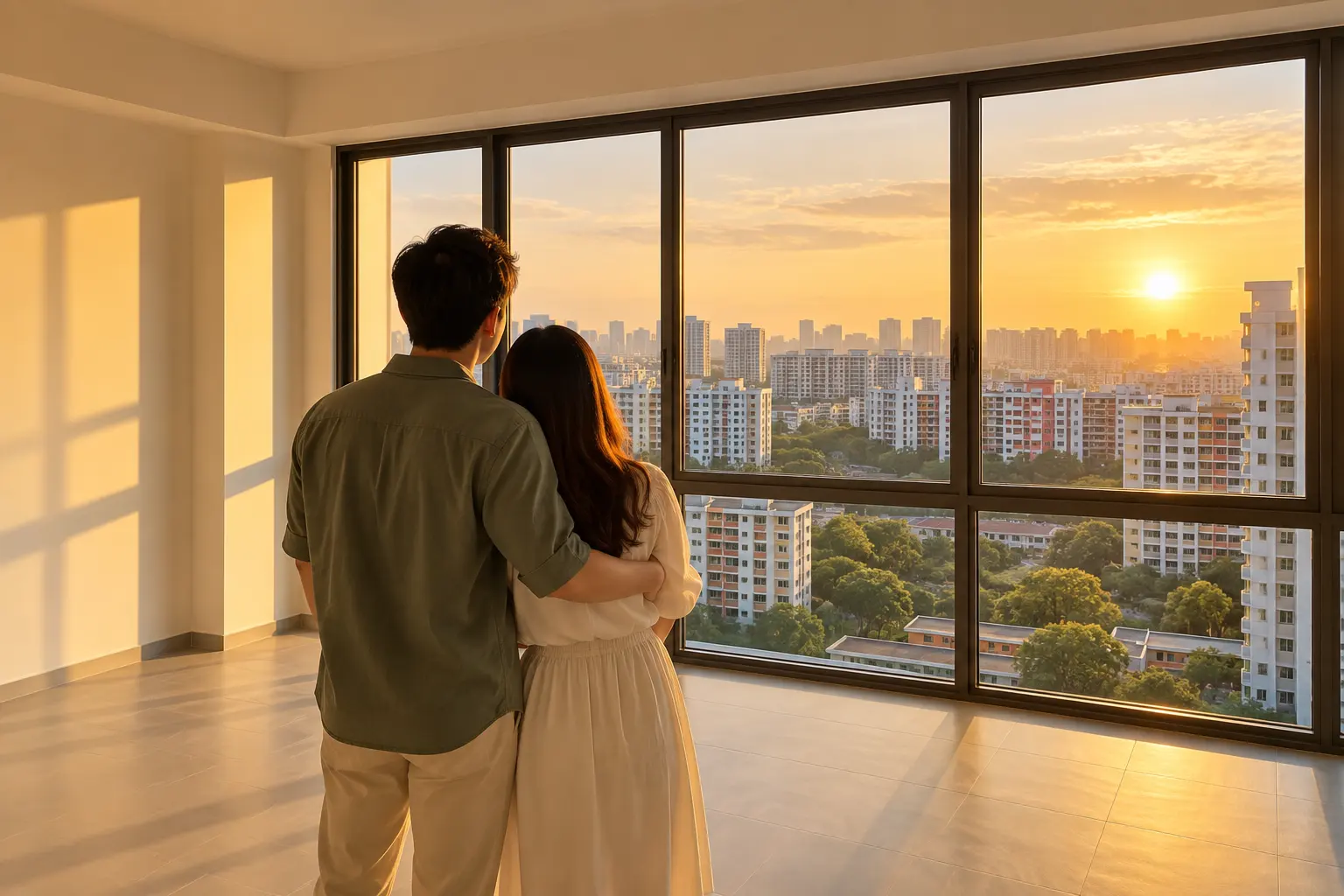 A young couple looks out from an empty new flat over HDB blocks at sunset