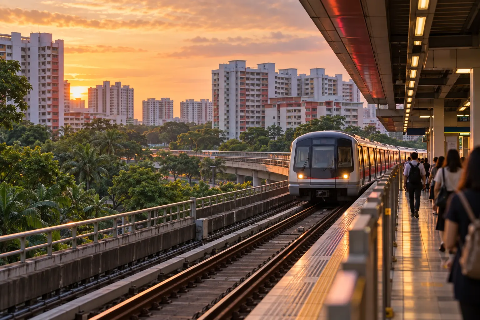 An MRT train arriving at an elevated station platform with HDB blocks in the background at sunset