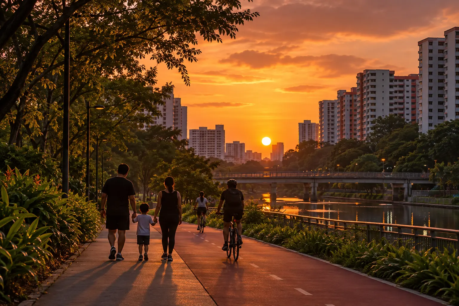 Family walking along a riverside park path at sunset, with HDB blocks in the background