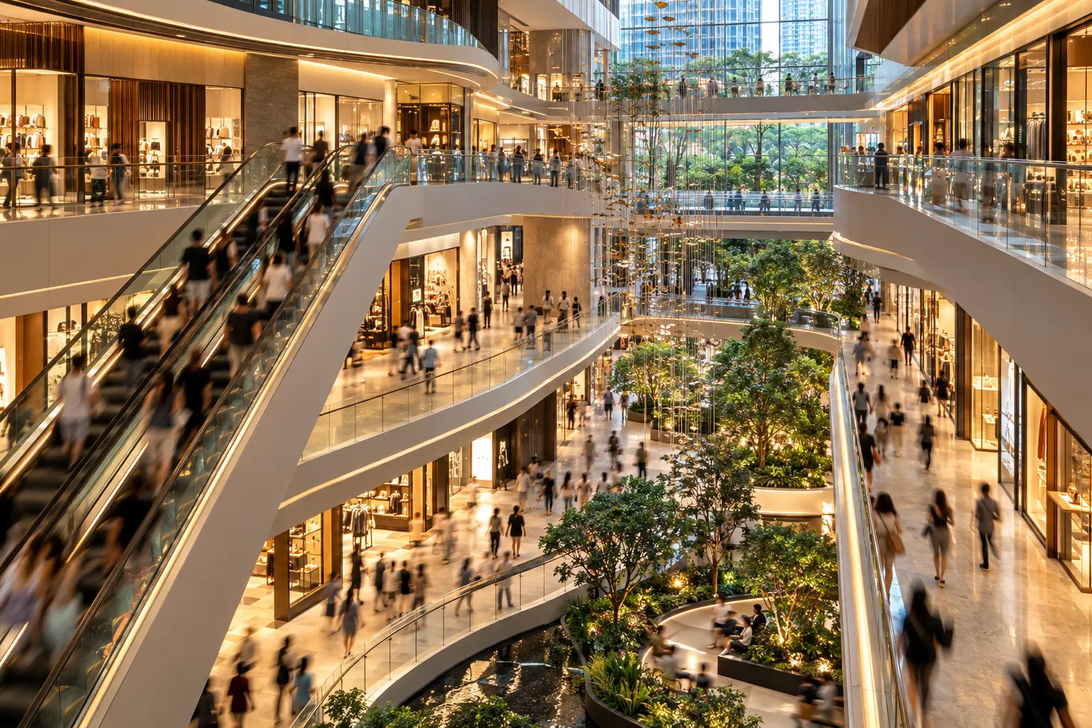 Multi-level shopping mall atrium with escalators, trees and shoppers, the kind of asset retail REITs own