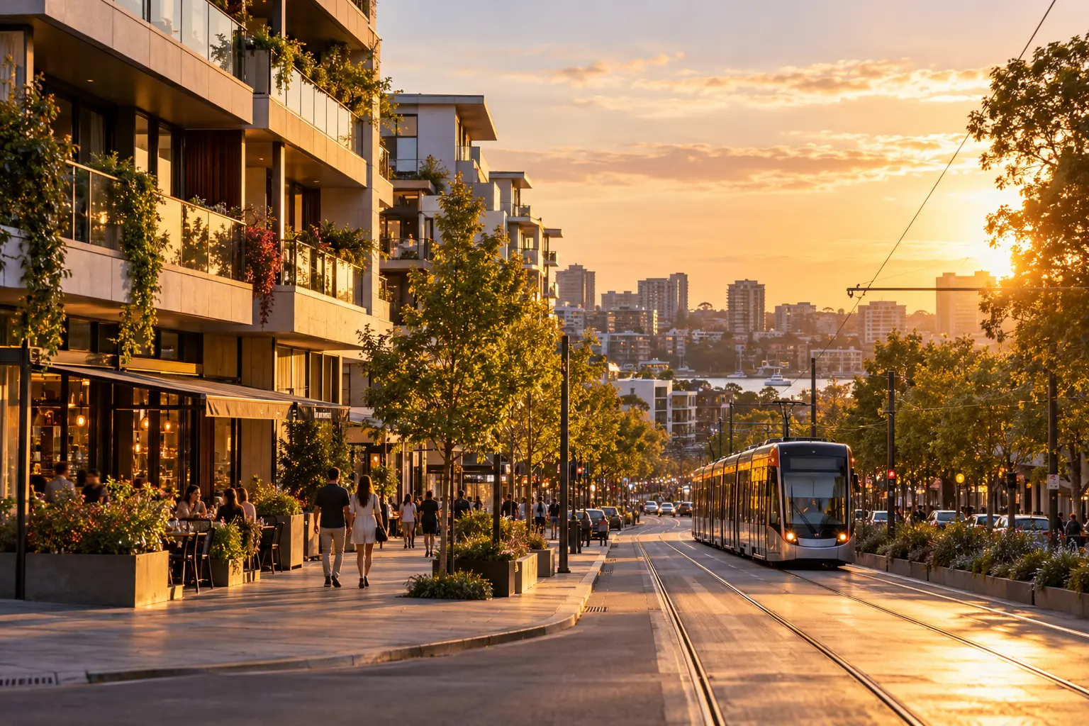 A tree-lined street of low-rise apartments with a tram at sunset in an overseas city